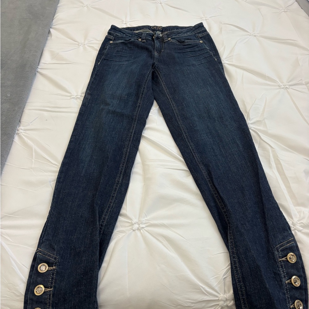 Cache Dark Blue Boot Cut Jeans with Button Hem